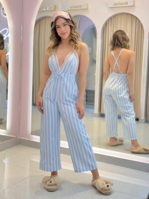 Enterizo Pijama Coquette Rayas Celeste